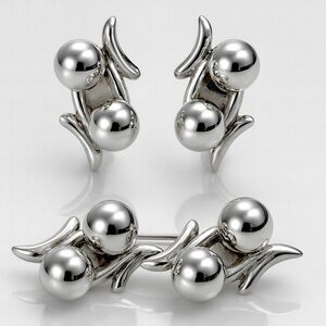 Vintage Mexico 925 Sterling Silver Modernist Brooch & Earrings Set Signed ETD